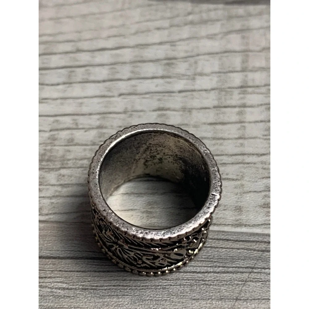 Mens Silver Tone Floral Embossed Wide Band Ring Size 9.5 Boho Style 3266